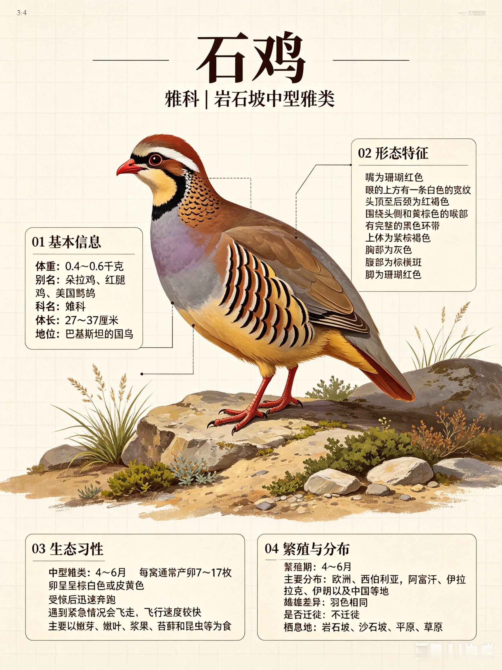 鸟类朋友图鉴 石鸡科名：雉科体重：0.4～0.6千克别名：朵拉鸡、红腿鸡、美国鹧