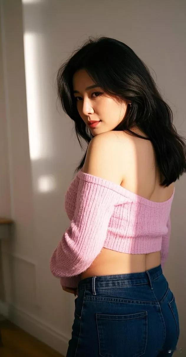 室内柔光若轻纱，静谧温馨氛围佳。
女子似星耀此间，时尚穿搭众人夸。
粉衣露肩如樱