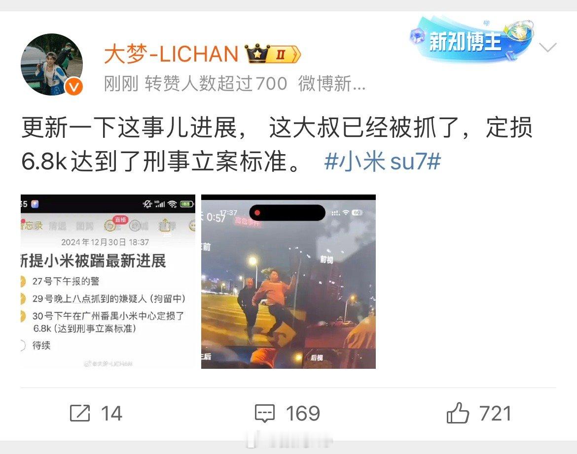 小米SU7 有人恶意踹小米SU7，然后被抓了，真是魔怔了[允悲] 