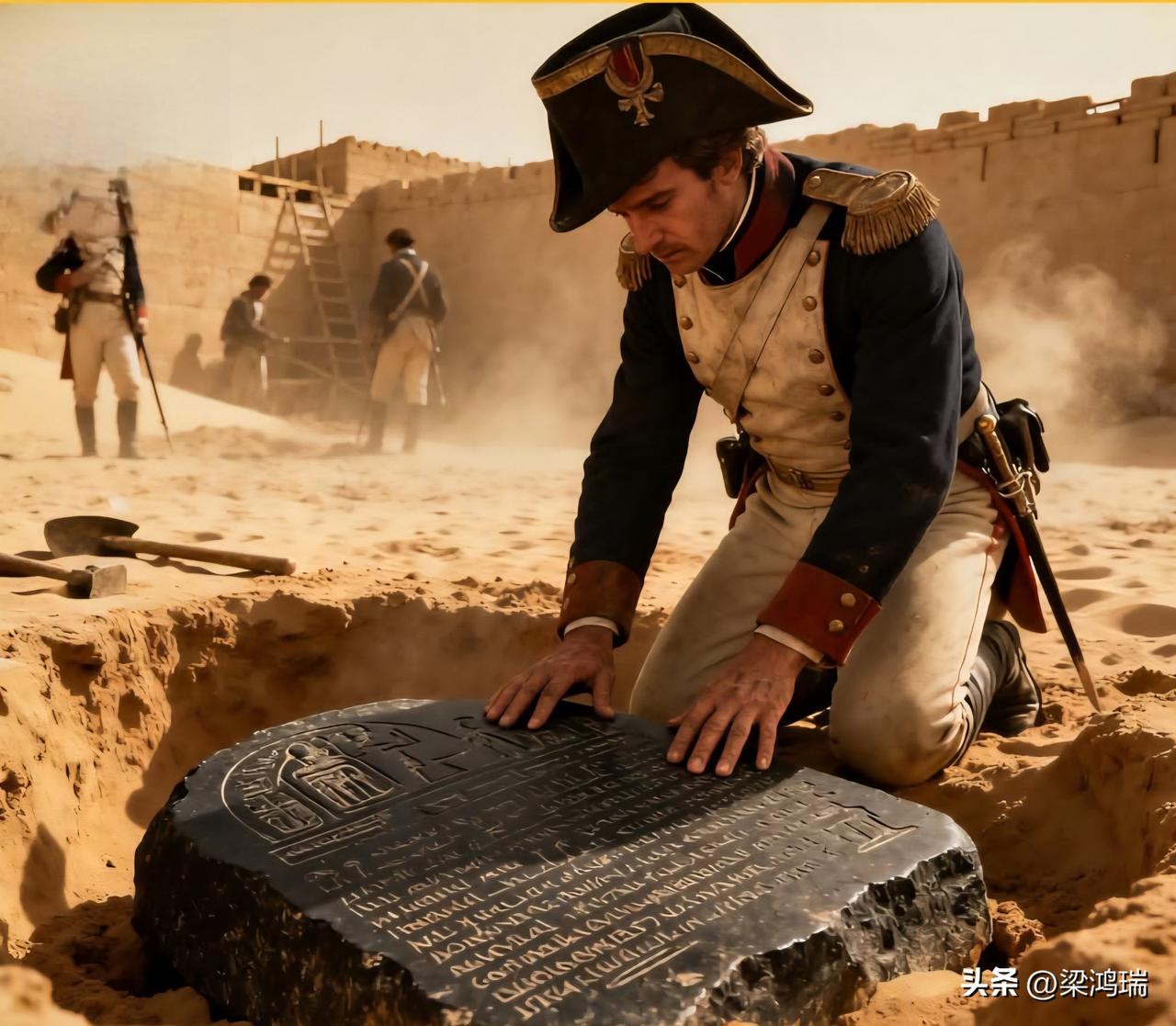 1799年7月，法国士兵在埃及罗塞塔镇附近挖掘防御工事时，挖出了一块黑色花岗岩石