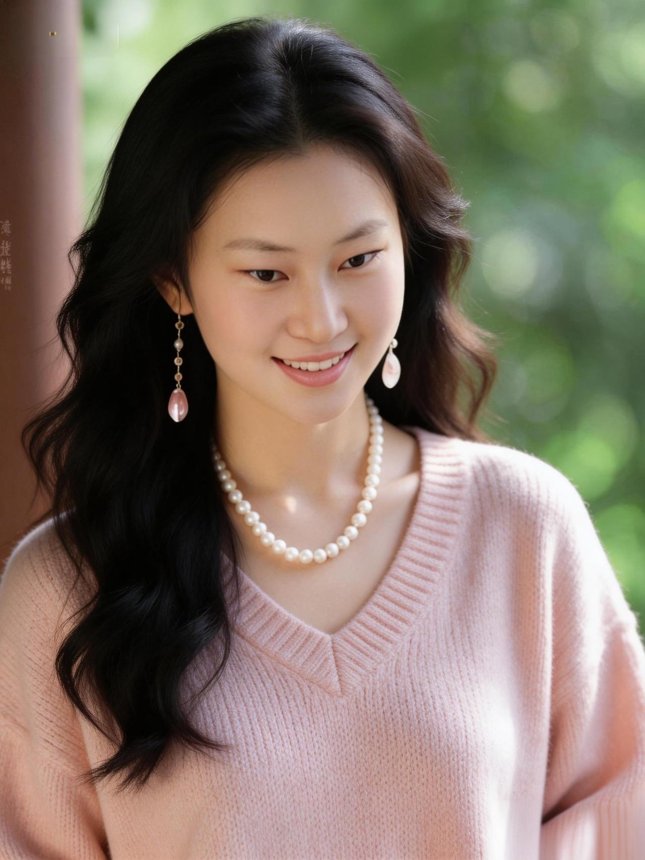温柔甜美的少女，粉色毛衣与珍珠项链相得益彰，微笑中透出温暖与幸福。