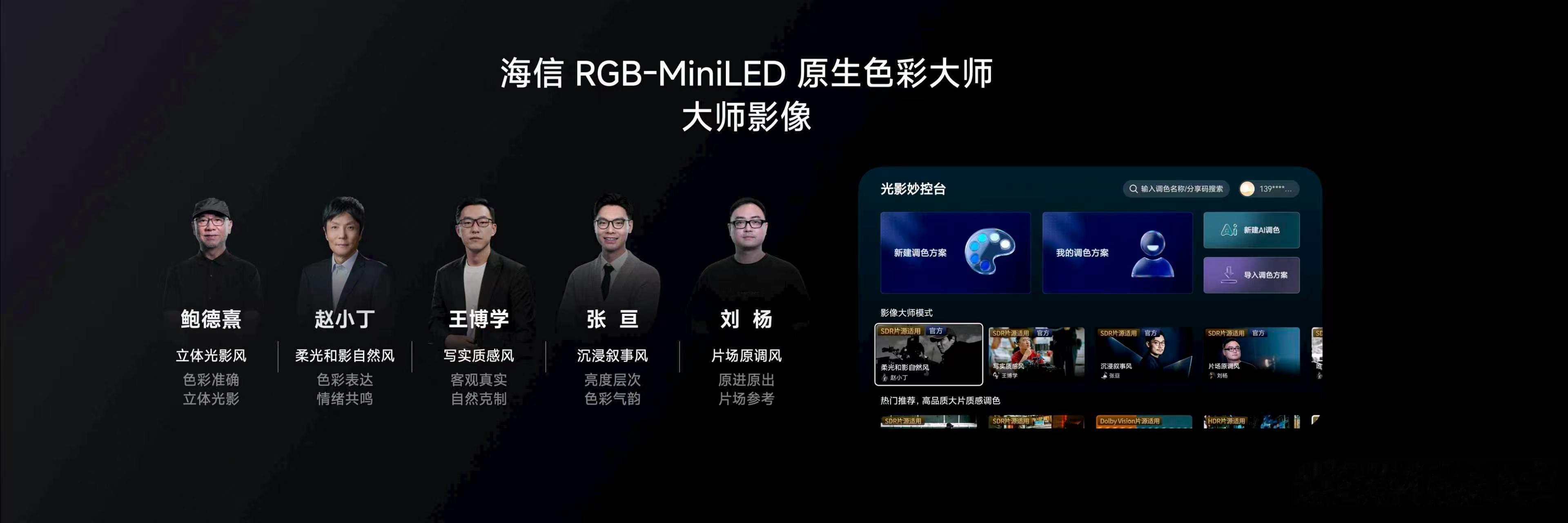 海信 RGB-Mini LED 原生色彩大师，五位大师联调共创大师级影像。从《凡