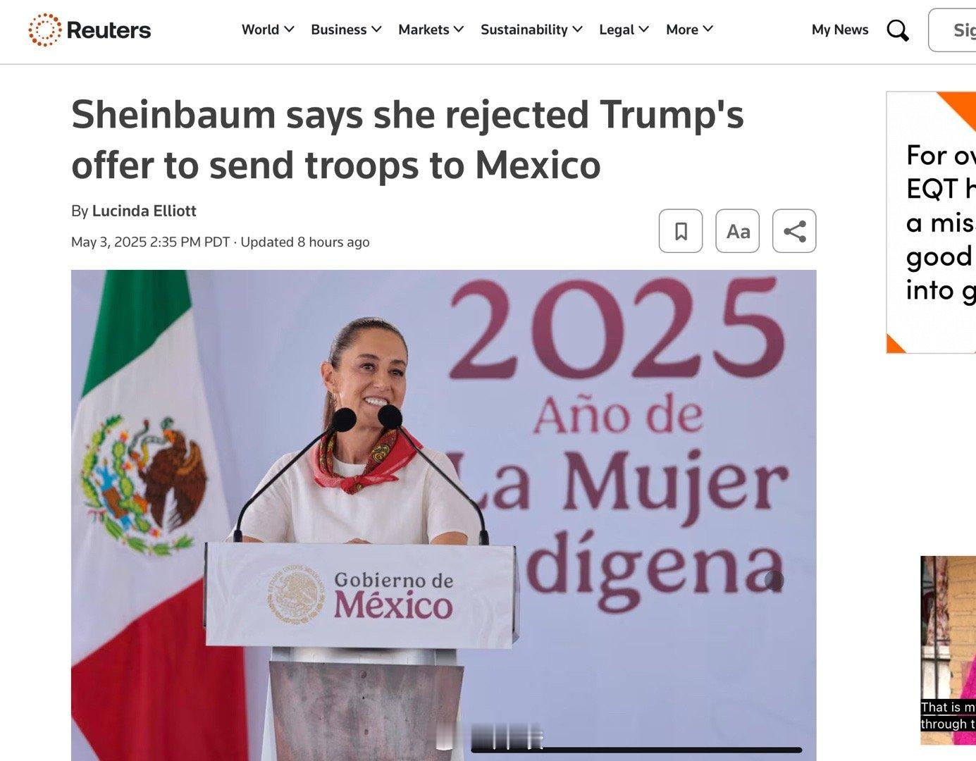 墨西哥总统克劳迪娅·谢因鲍姆周六表示，美国总统特朗普曾提议派美军进入墨西哥打击毒