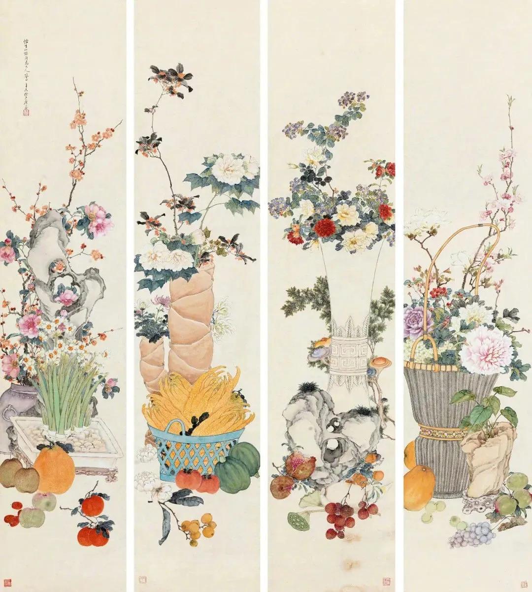 居廉《花卉四条屏》居廉《花卉四条屏》尺寸：174×37.5 cm.约5.9平尺（