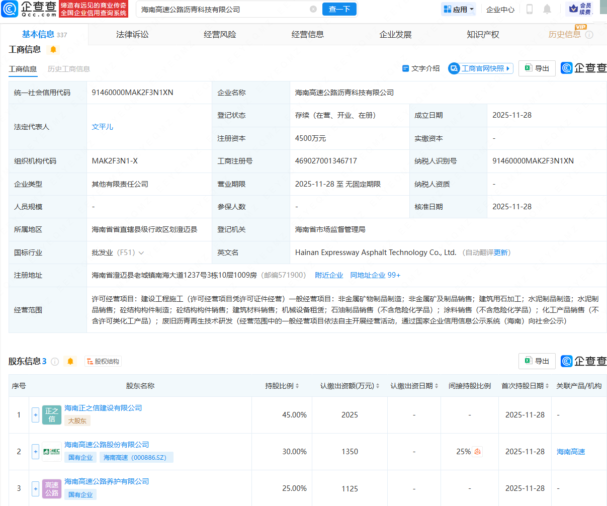 海南高速等成立科技公司，注册资本4500万元