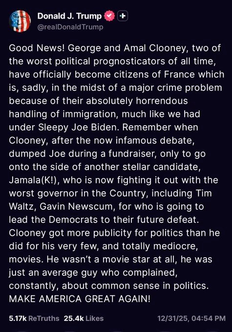 川普总统： 好消息！乔治·克鲁尼和阿迈勒·克鲁尼(George & Amal C