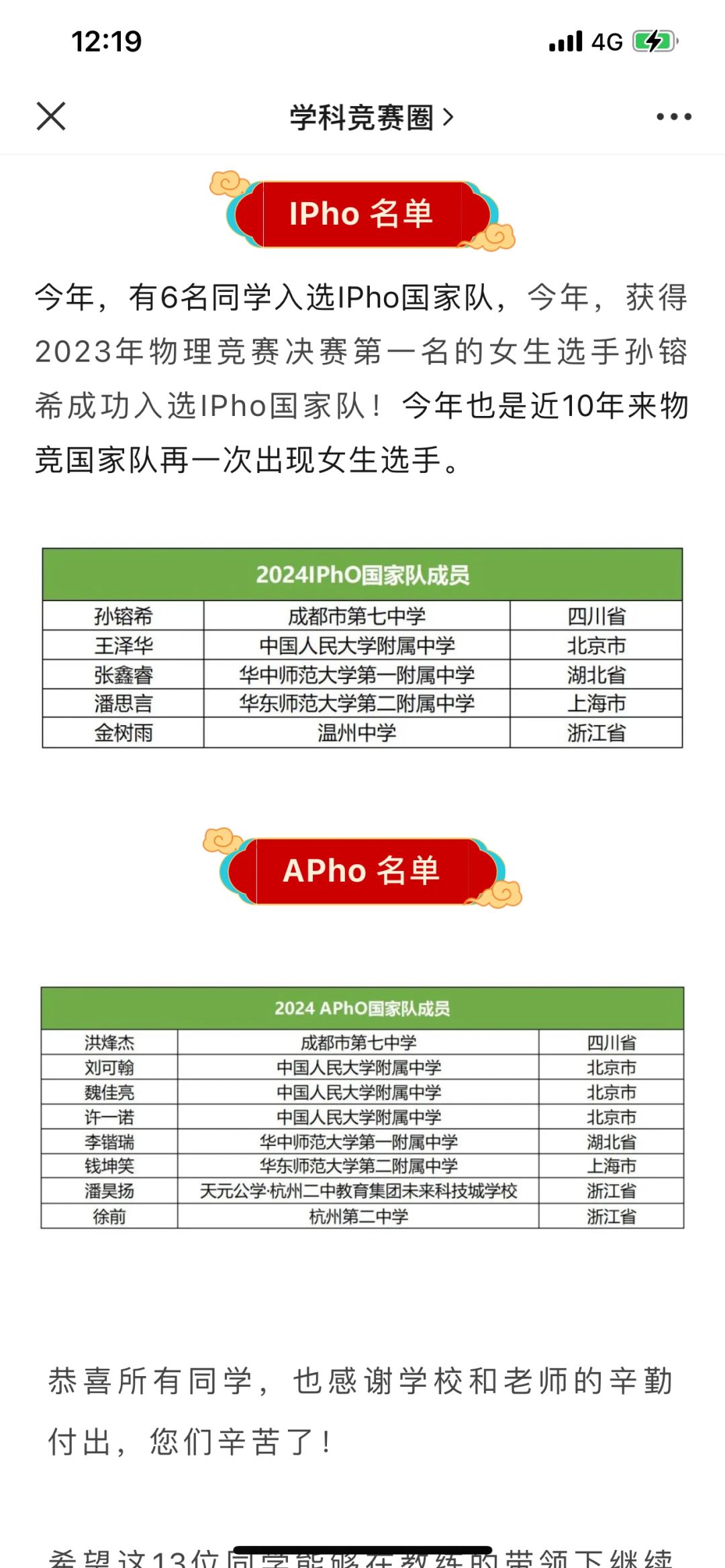 物理竞赛国家队名单出炉