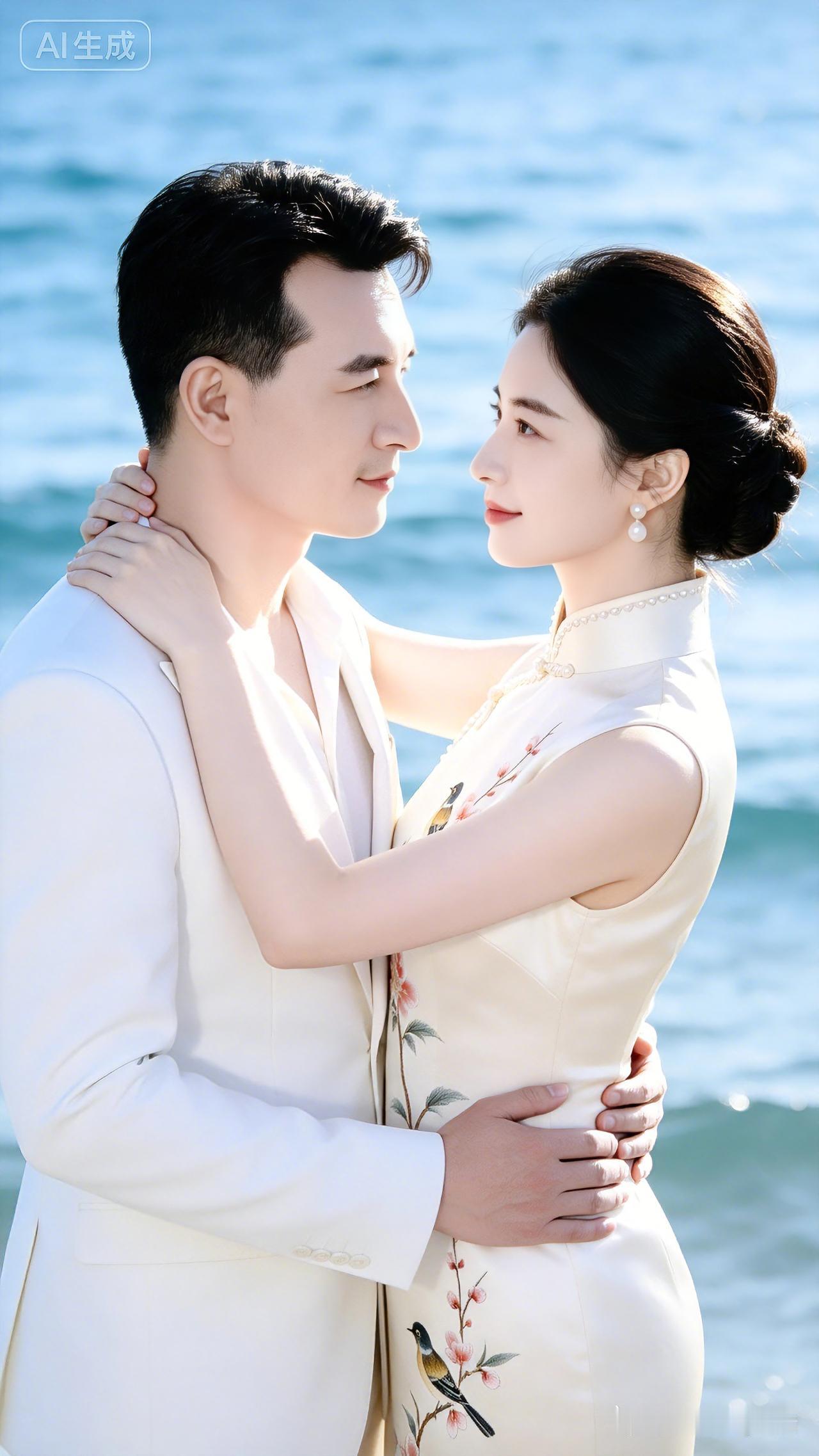 碧海清波映远天，
佳人旗袍韵悠然。
郎君俊朗身姿雅，
两两相依意缱绻。
 
双目