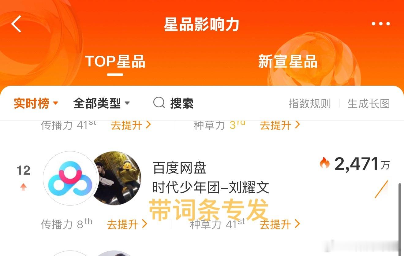 新品宣发每个人都要做1️⃣星品影响力新宣星品 （1）TOP星品 给刘耀文专/发/