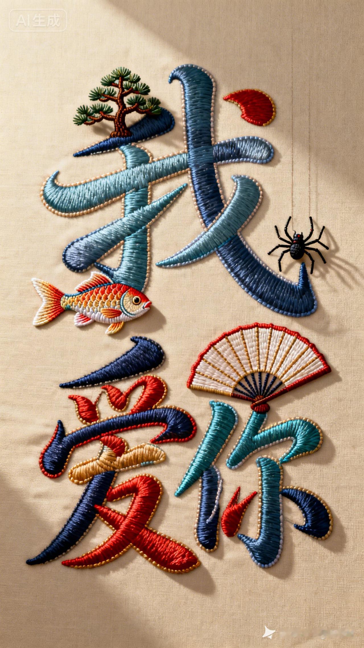 精美的刺绣作品，将汉字与自然元素完美结合，展现传统文化的魅力。