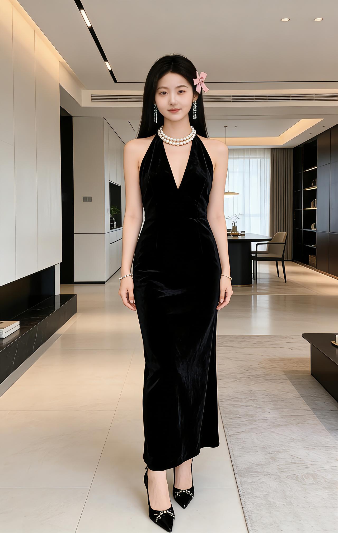她这身穿搭是优雅贵气的晚宴风，很适合正式场合~
连衣裙是黑色丝绒材质，挂脖+深V