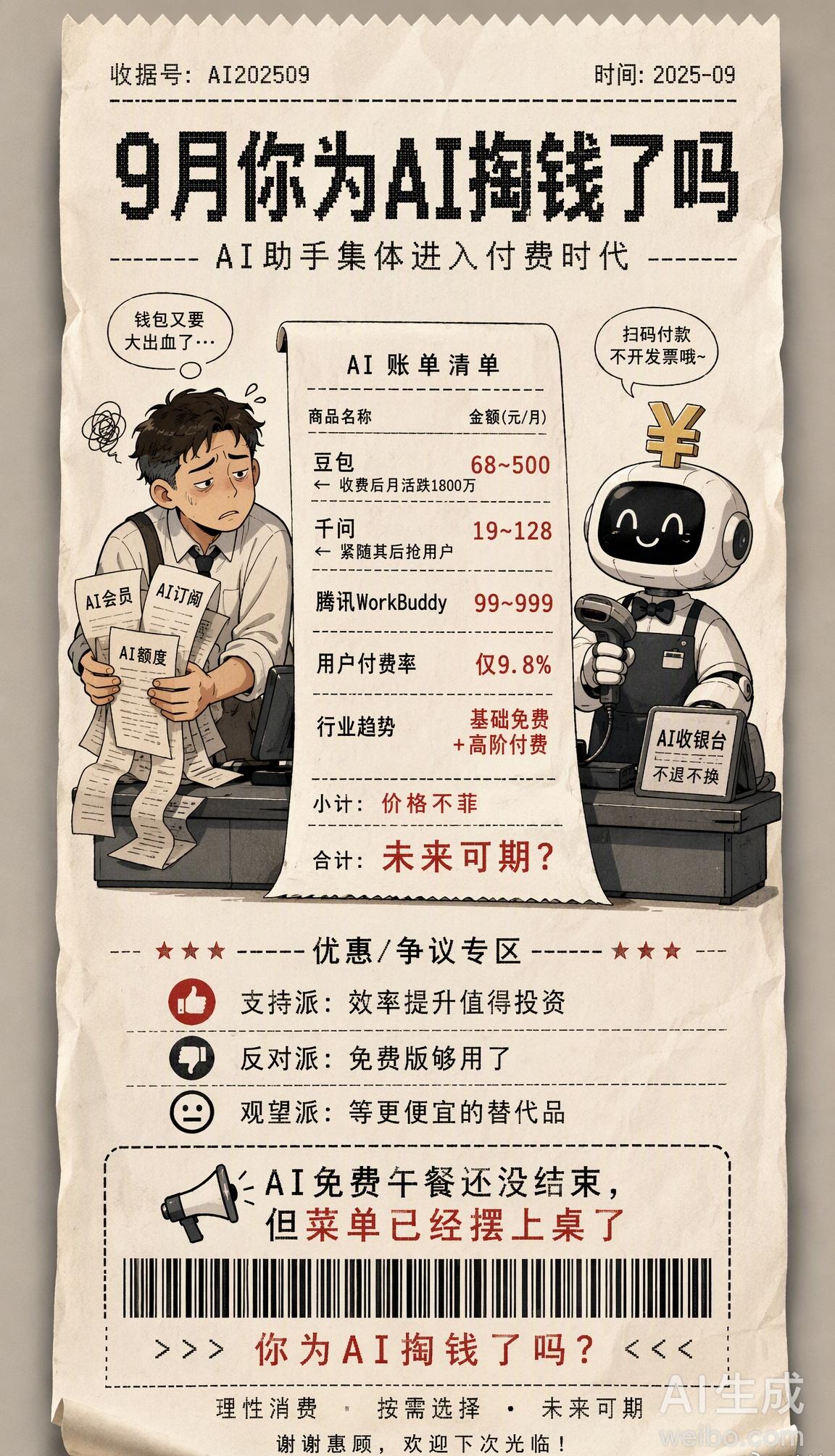 今年下半年，AI助手集体进入「付费时代」——豆包、千问、WorkBuddy、百度