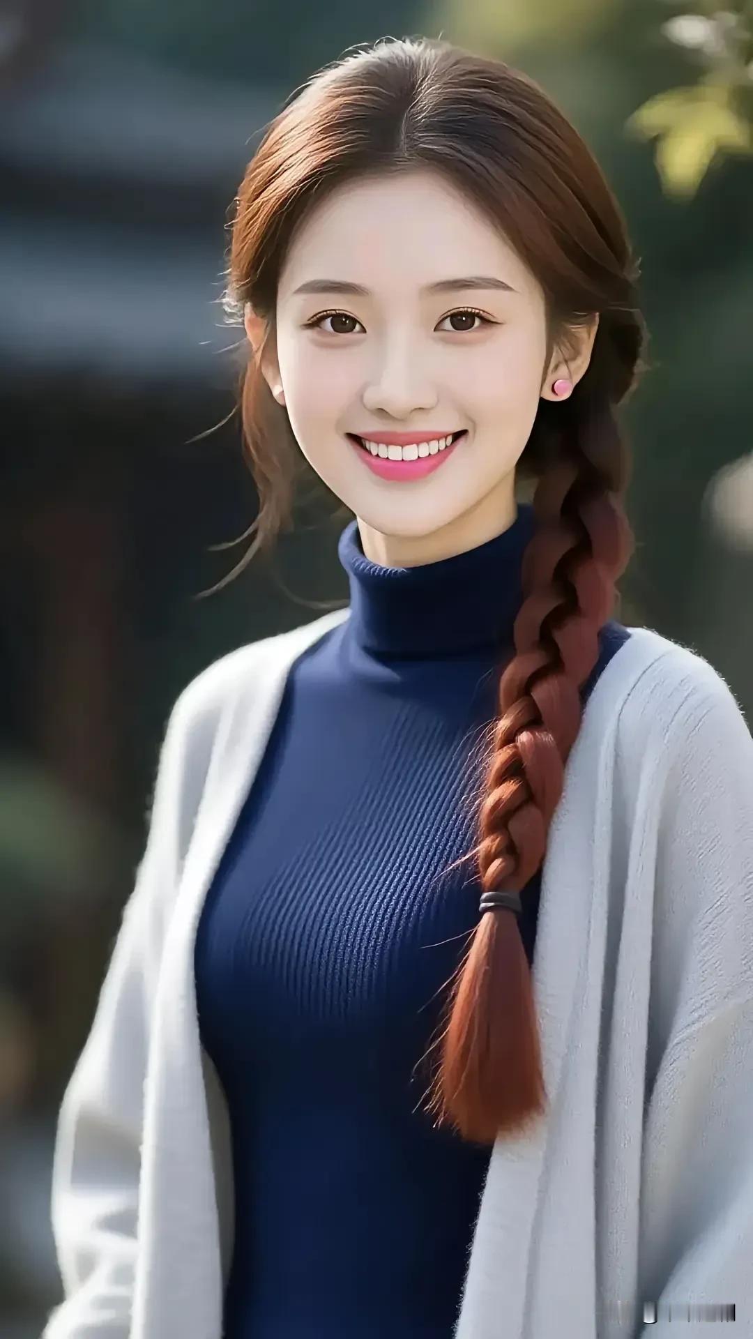藏青高领针织搭米白开衫，柔调园林背景揉出温柔又清新的秋日氛围感💙