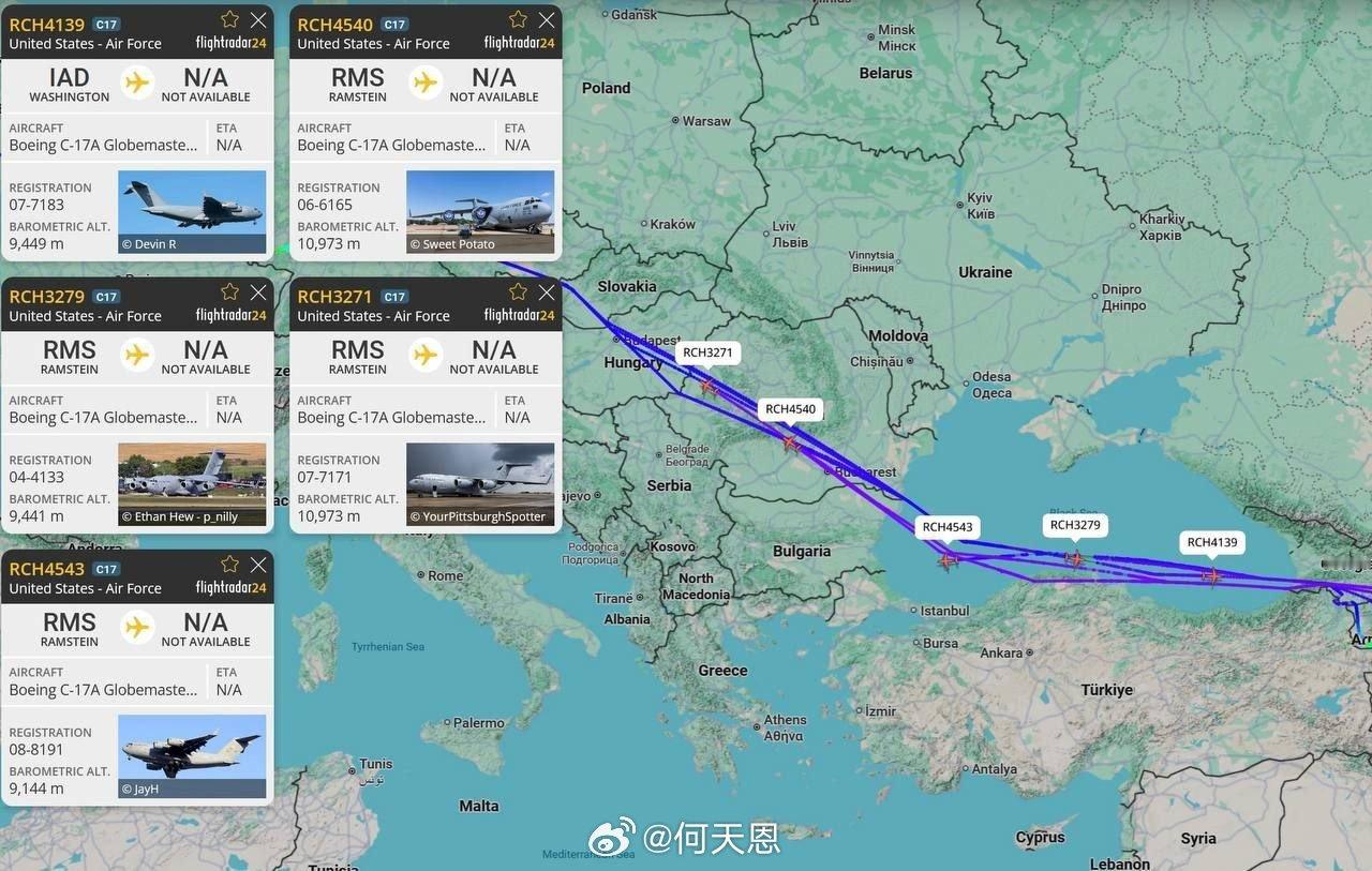 在过去两天里，大约十几架美国 C-17A 货运飞机已抵达亚美尼亚和阿塞拜疆。目标