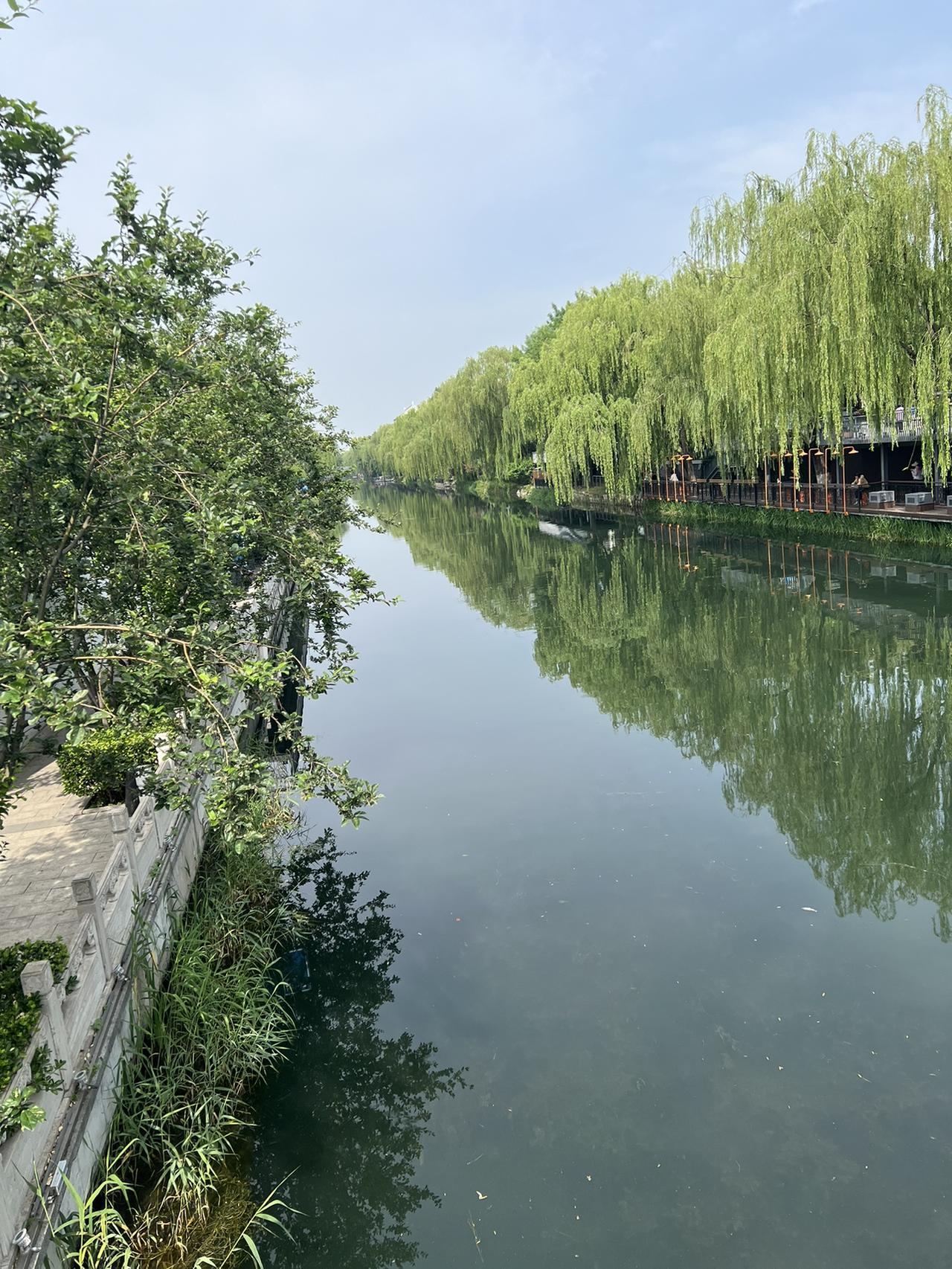 又到周末，今日状态轻松愉快。天气是大晴天，虽高温，但清彻的护城河和垂柳在河面的倒