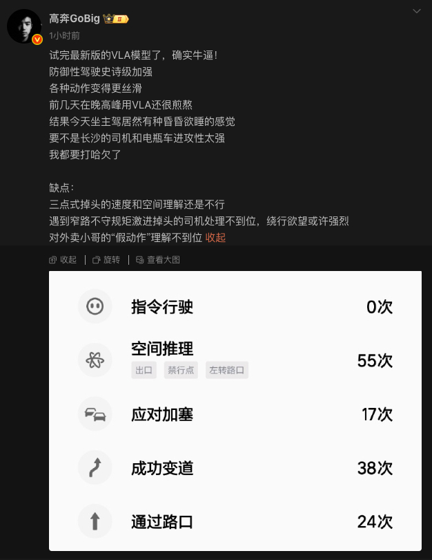 高老师对VLA的评价很高，防御性驾驶史诗级加强、各种动作变得更丝滑，当然最后还是
