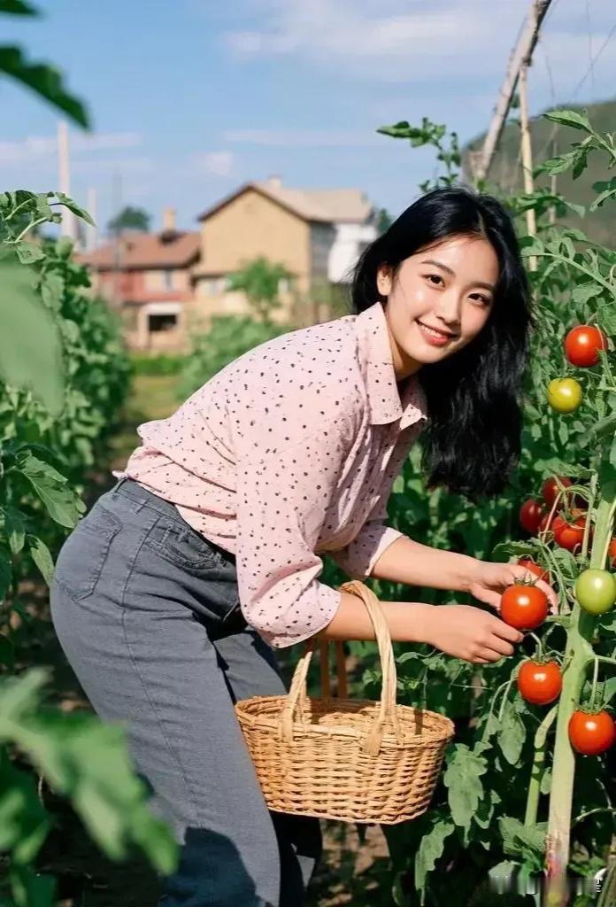 摘番茄的女孩笑得真甜！
这样的农村女孩你喜欢吗？