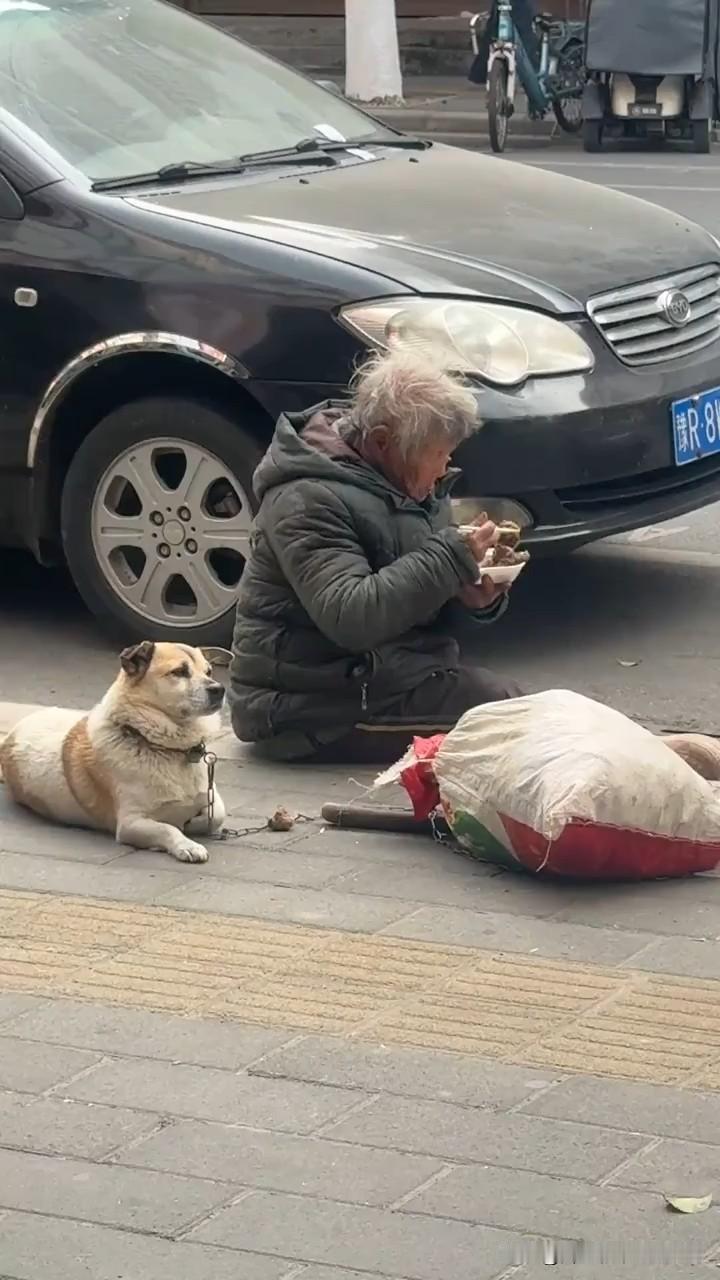 你瞅瞅这画面，冬天冷飕飕的，一位头发花白的流浪奶奶，蹲在路边吃着好心人给的热饭。