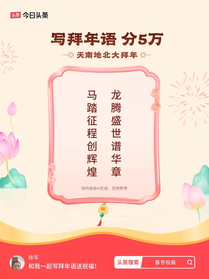 写拜年语送祝福新春拜年送祝福！我的祝福是：“马踏征程创辉煌，龙腾盛世谱华章”！快
