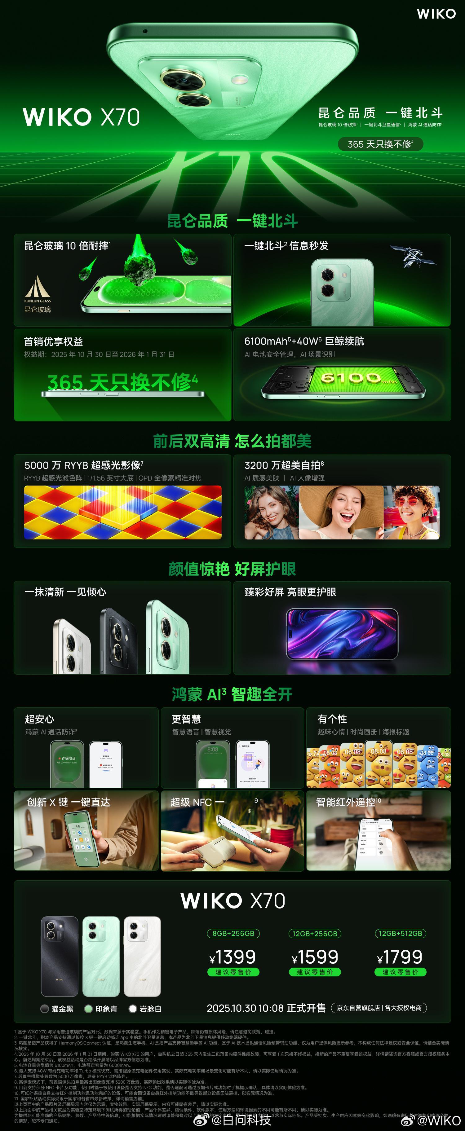 鸿蒙生态手机 WIKO X70发布昆仑玻璃、北斗卫星图片消息、 6100mAh 