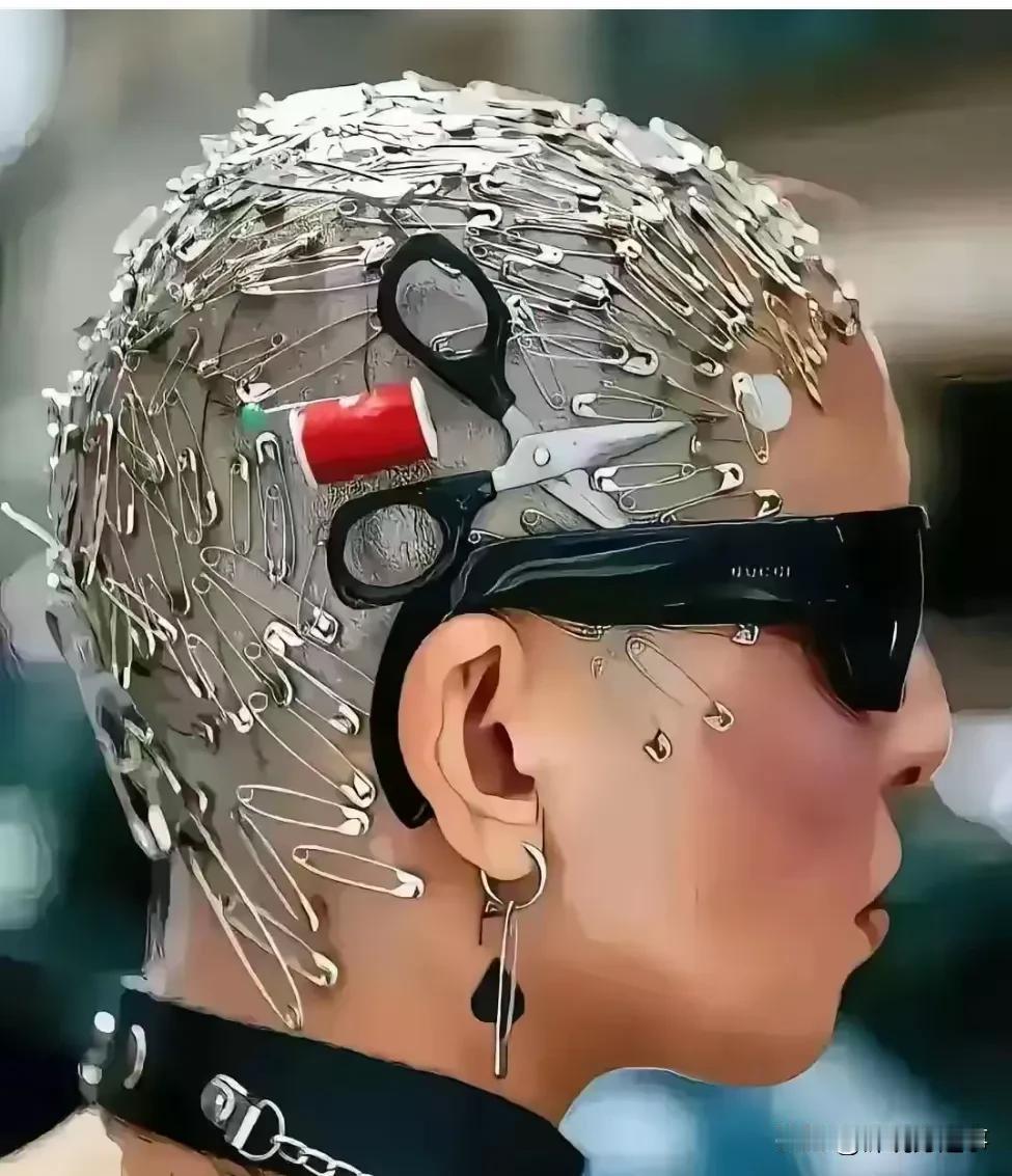 挺震撼的，满头的别针，剪刀，线轴，纽扣，粗腿墨镜，看不到美，看到的是震撼。
这人