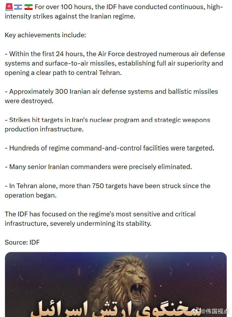 过去100小时，以色列国防军(IDF)对伊朗政权进行了持续、高强度的打击。主要包