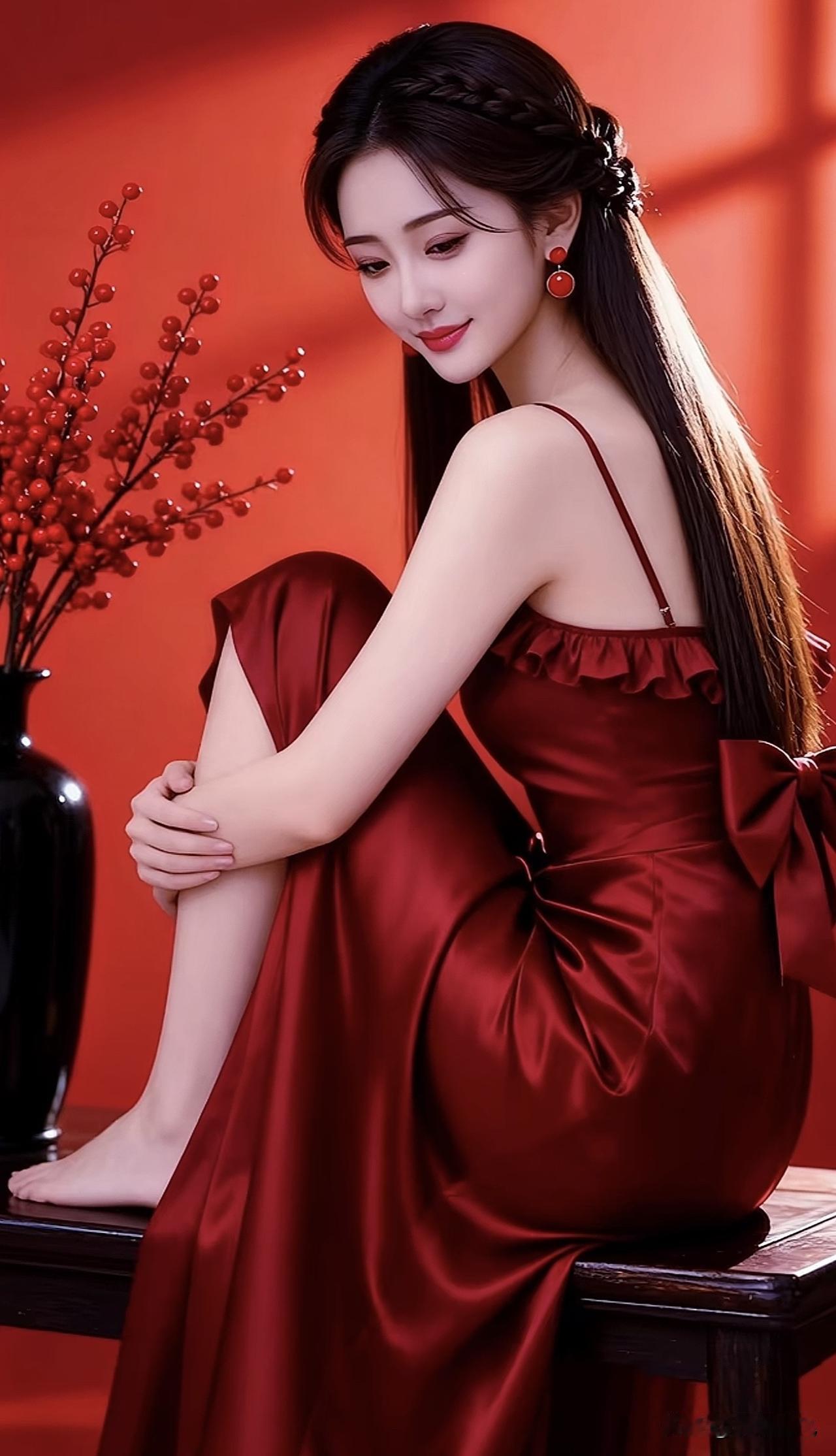 红衣美人，优雅坐椅，韵味十足气质红裙女 红衣女拍照 红装美人照 红衣女拍照 红装