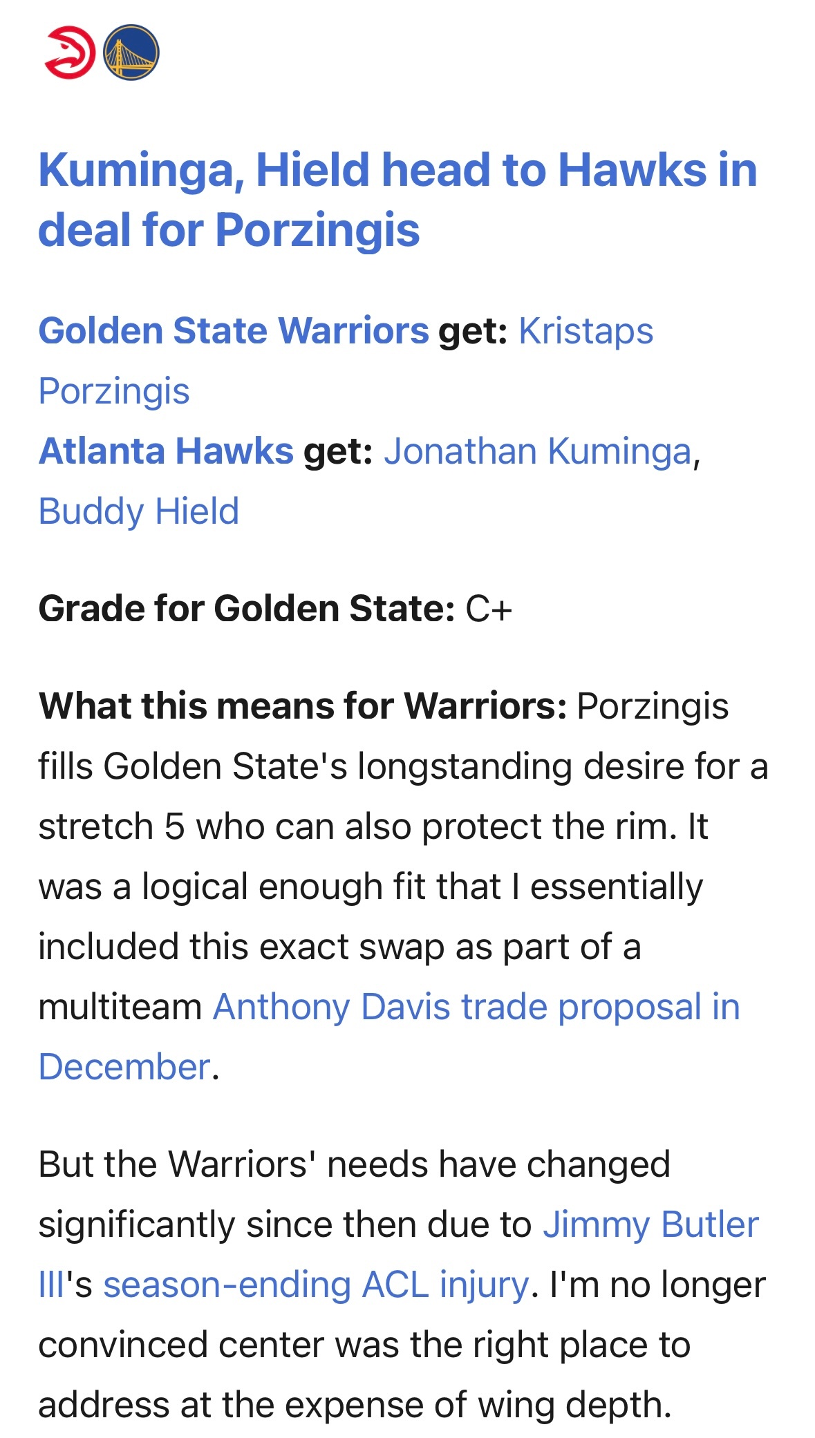 「ESPN勇士与老鹰交易评级」金州勇士得到：克里斯塔普斯·波尔津吉斯亚特兰大老鹰