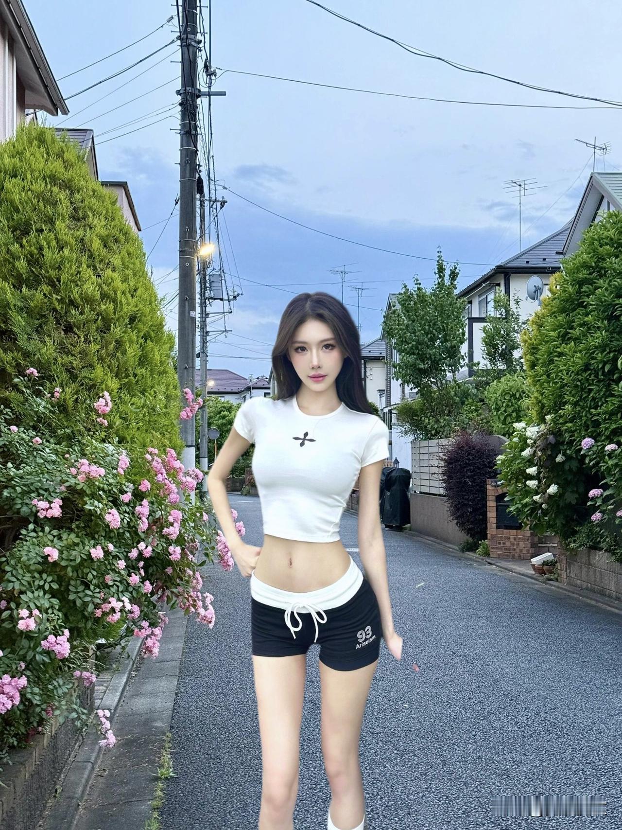 夏日清新穿搭，粉色花丛中的时尚少女