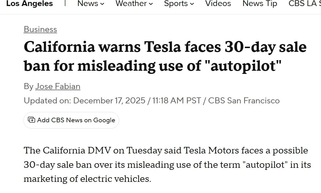 美国加州警告特斯，拉因误导性使用“自动驾驶”将面临30天销售禁令

当地时间周二