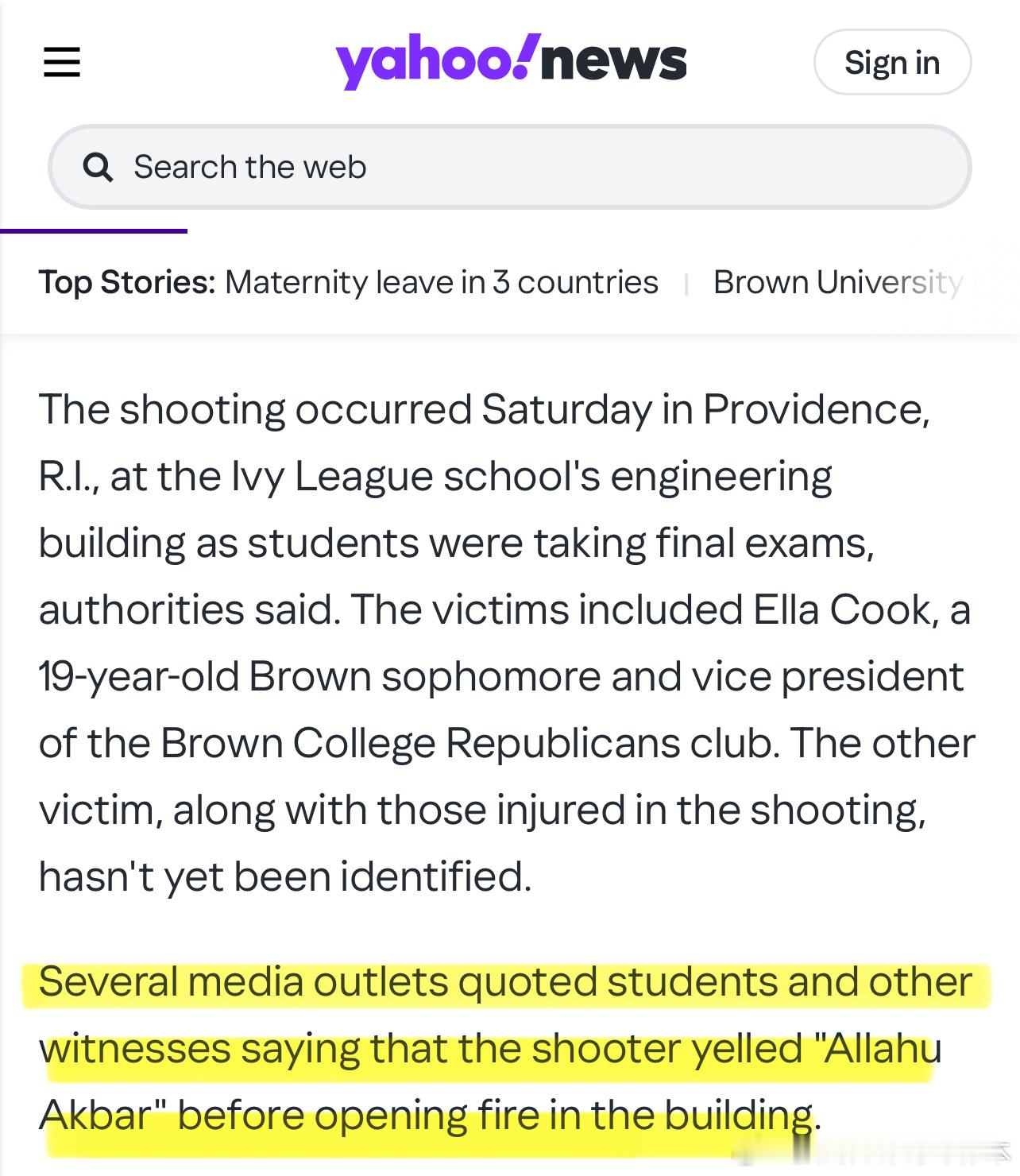 【黄金时代】布朗大学枪击案更新。据雅虎新闻：“多家媒体援引学生和其他目击者的话称