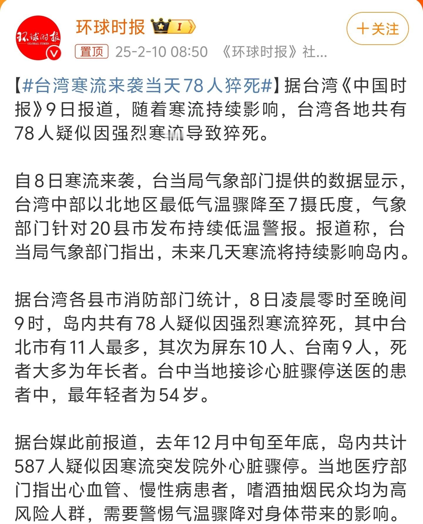 台湾寒流来袭当天78人猝死 啊，这么离谱吗？看台湾这个表现，终于理解为什么欧洲每