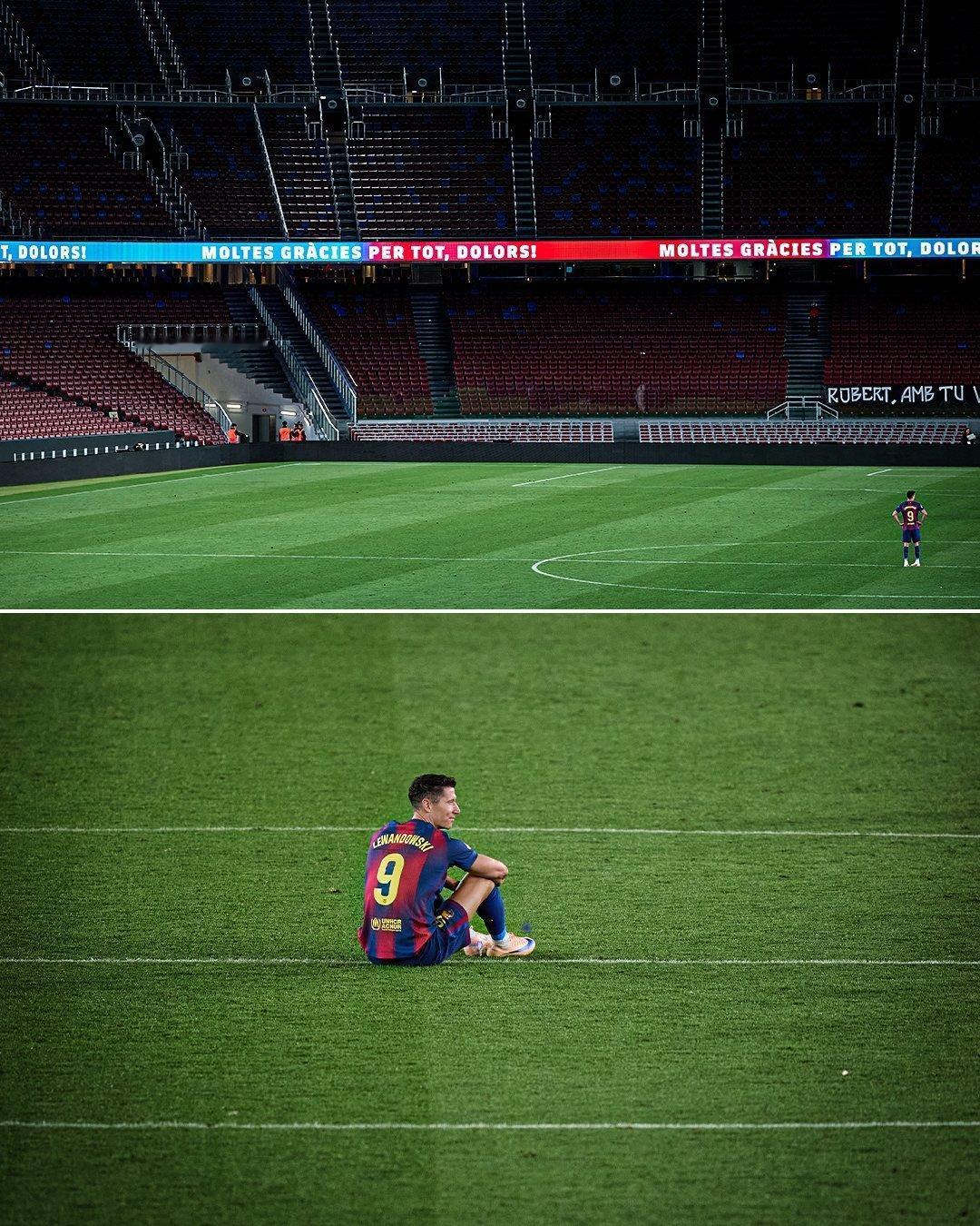 莱万多夫斯基在球迷退场后返回诺坎普与球场进行告别❤️💙🏟️😭巴萨vs皇家贝