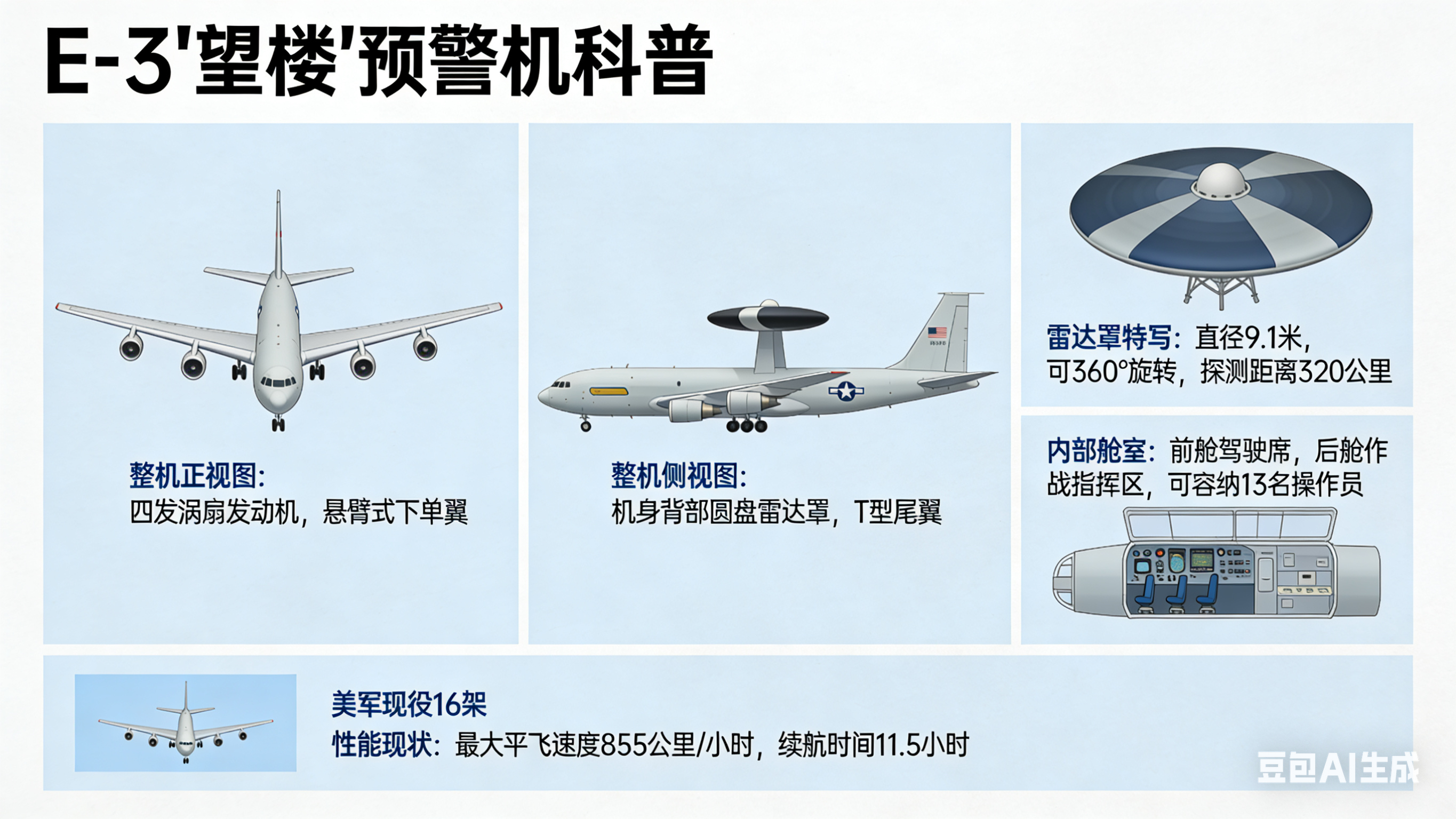 美媒报道称伊朗摧毁了美军1架E-3“望楼”预警机——E-3是美国波音公司基于波音