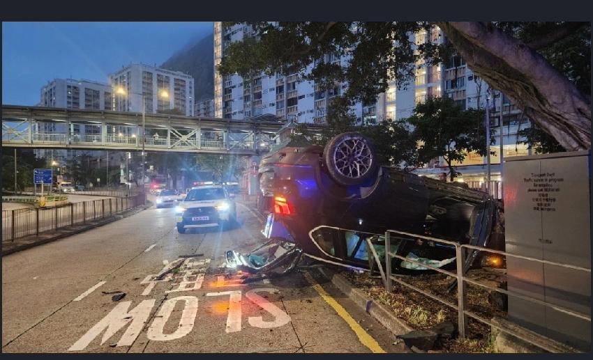 香港观塘发生车祸。周六（9日）凌晨4时43分，一辆宝马SUV沿顺利邨道往秀茂坪方