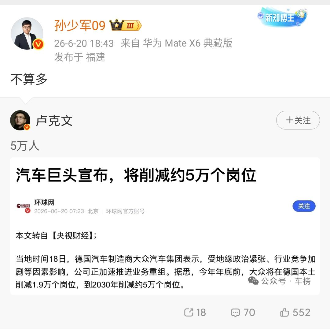 孙少军：大众集团在欧洲削减5万个工作岗位不算多！

大众集团的未来在中国，从在中