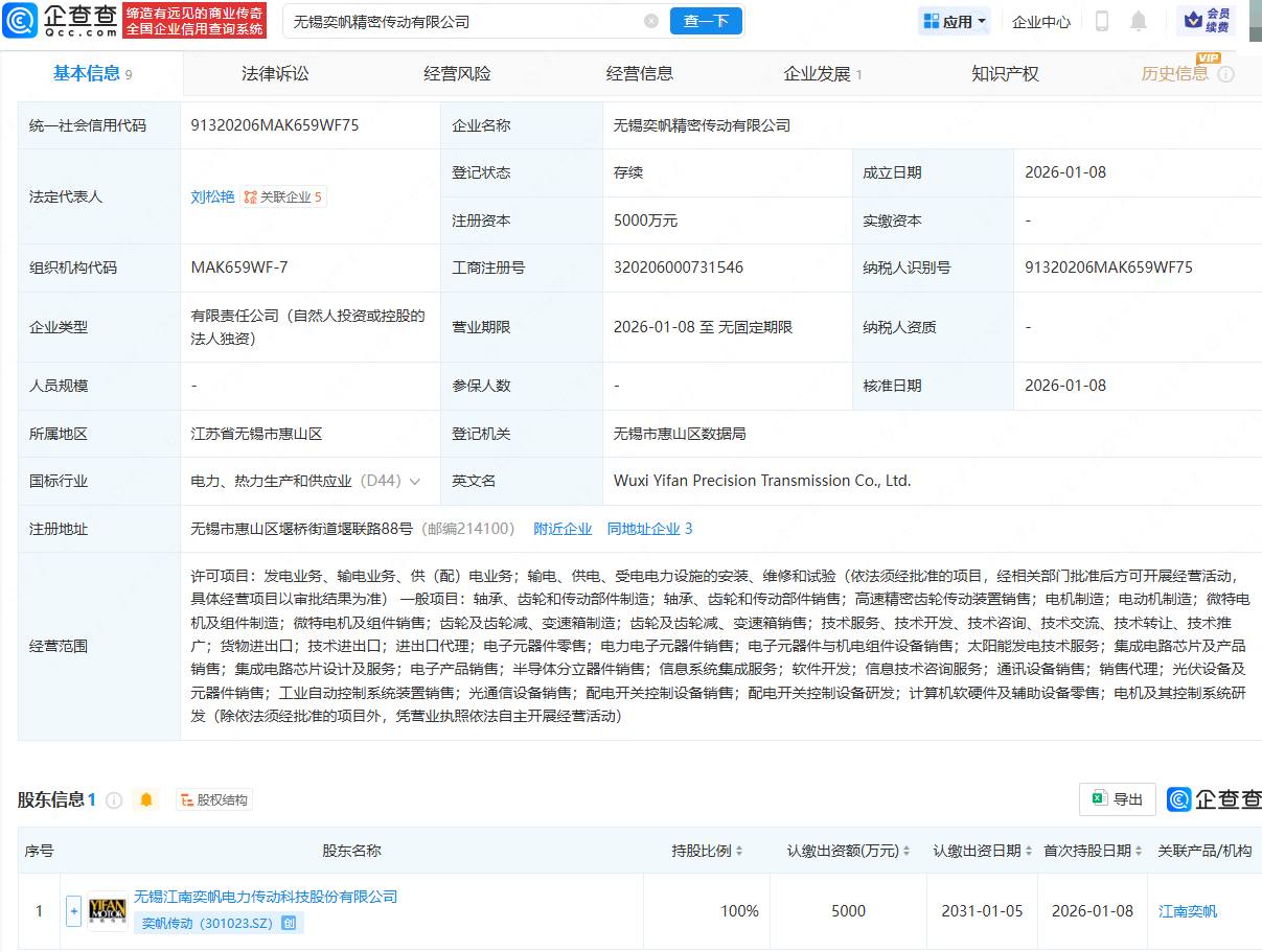 奕帆传动成立精密传动公司，注册资本5000万