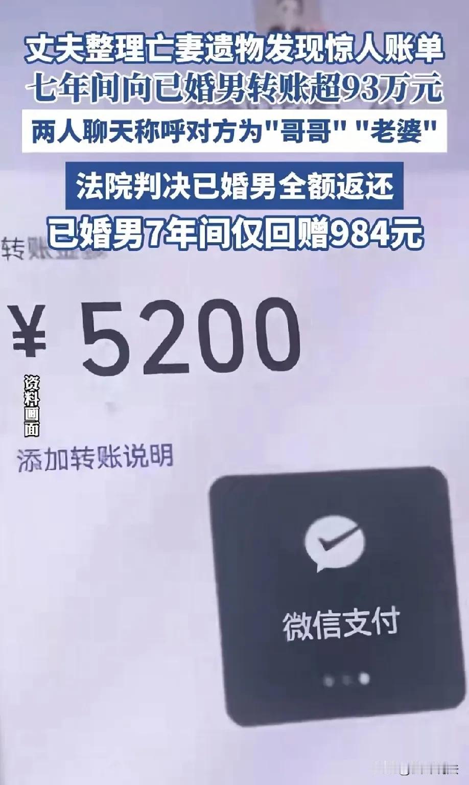 浙江宁波，丈夫整理亡妻的遗物时，发现亡妻曾经给已婚男子累计转账93万，两人之间的
