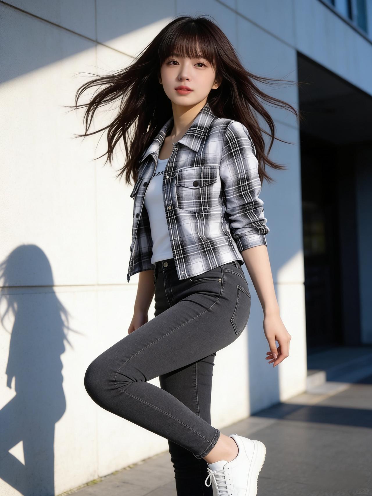 一个女孩在阳光下的墙边摆姿势。氛围感搭配穿搭分享 女生怎么穿搭会看着很温柔? 少