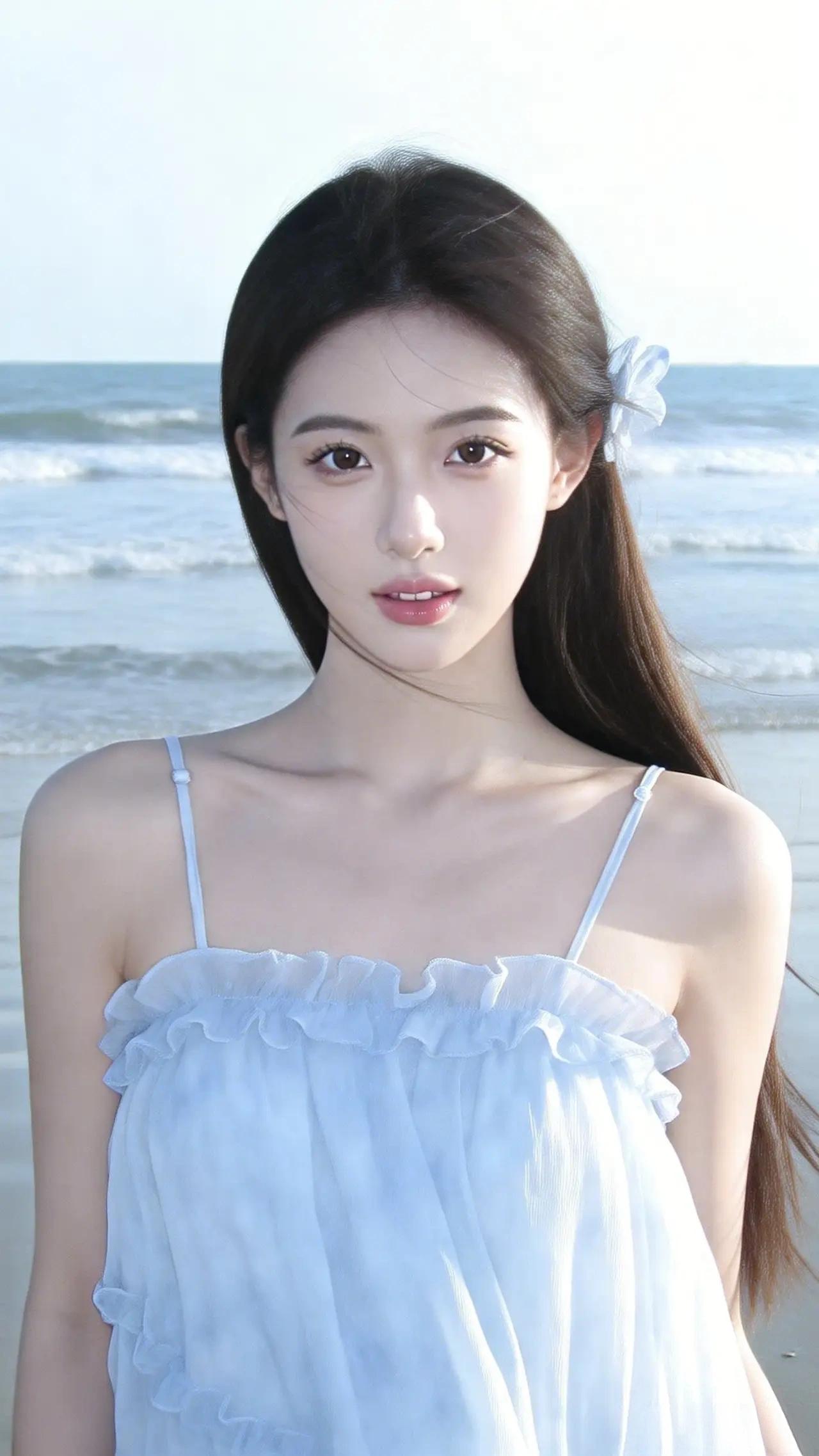 女子留着乌黑柔顺的长发，发丝自然垂落肩背，一侧发间别着一朵淡雅的白色花朵发饰，为