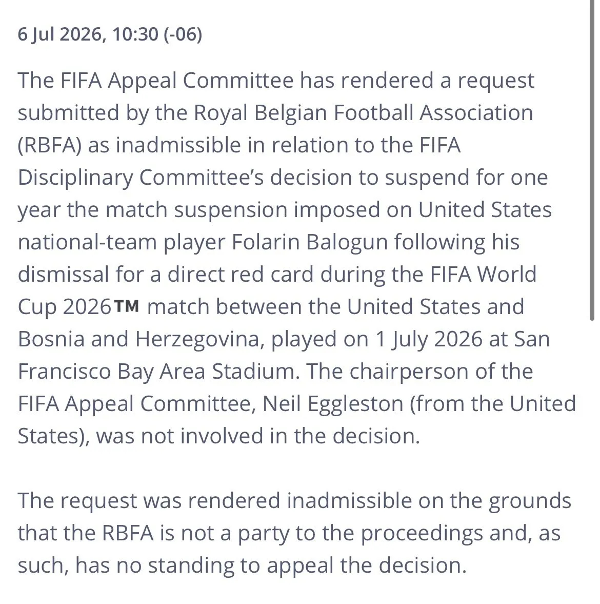 #FIFA驳回比利时上诉#  国际足联上诉委员会裁定，比利时足协针对巴洛贡解禁（