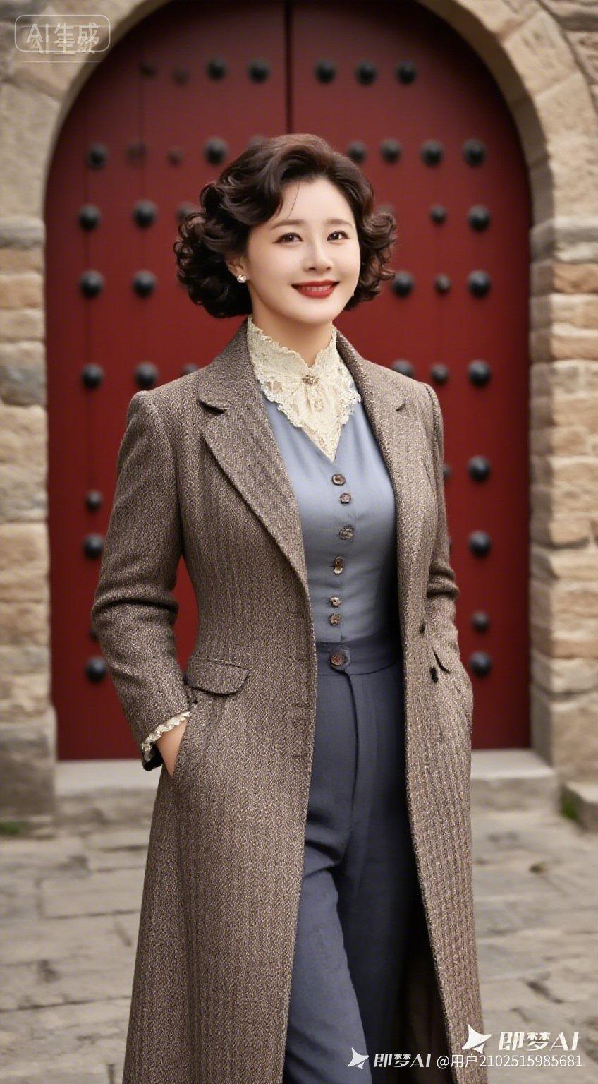 这位女士穿着复古风，站在红色门前。