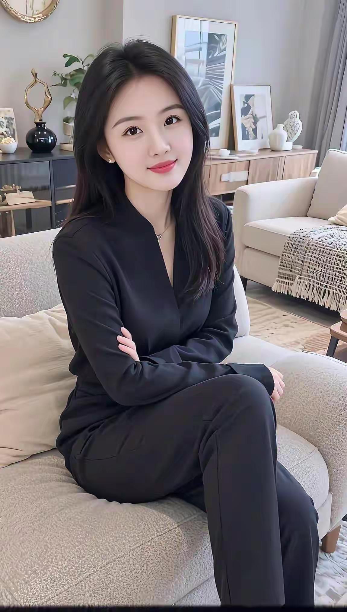 优雅黑衣少女，静坐客厅，尽显时尚魅力怎样穿搭能显示出温柔的女生气质?