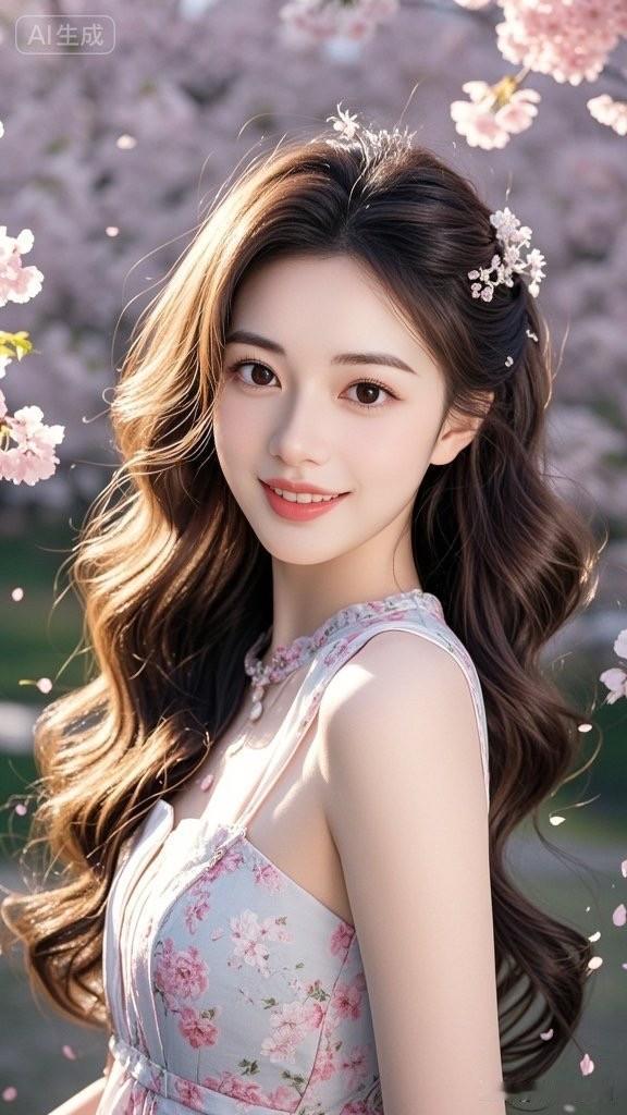 一个女孩在樱花树下微笑。