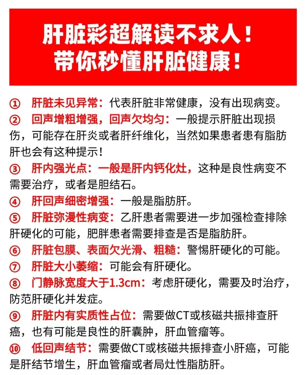 肝脏彩超你真的看明白了吗？。给大家整理了彩超检查中常见的几种提示以及对应解读，拿出自己的检查单看看，如果有异常务必及时就医，进一步完善其他检查。