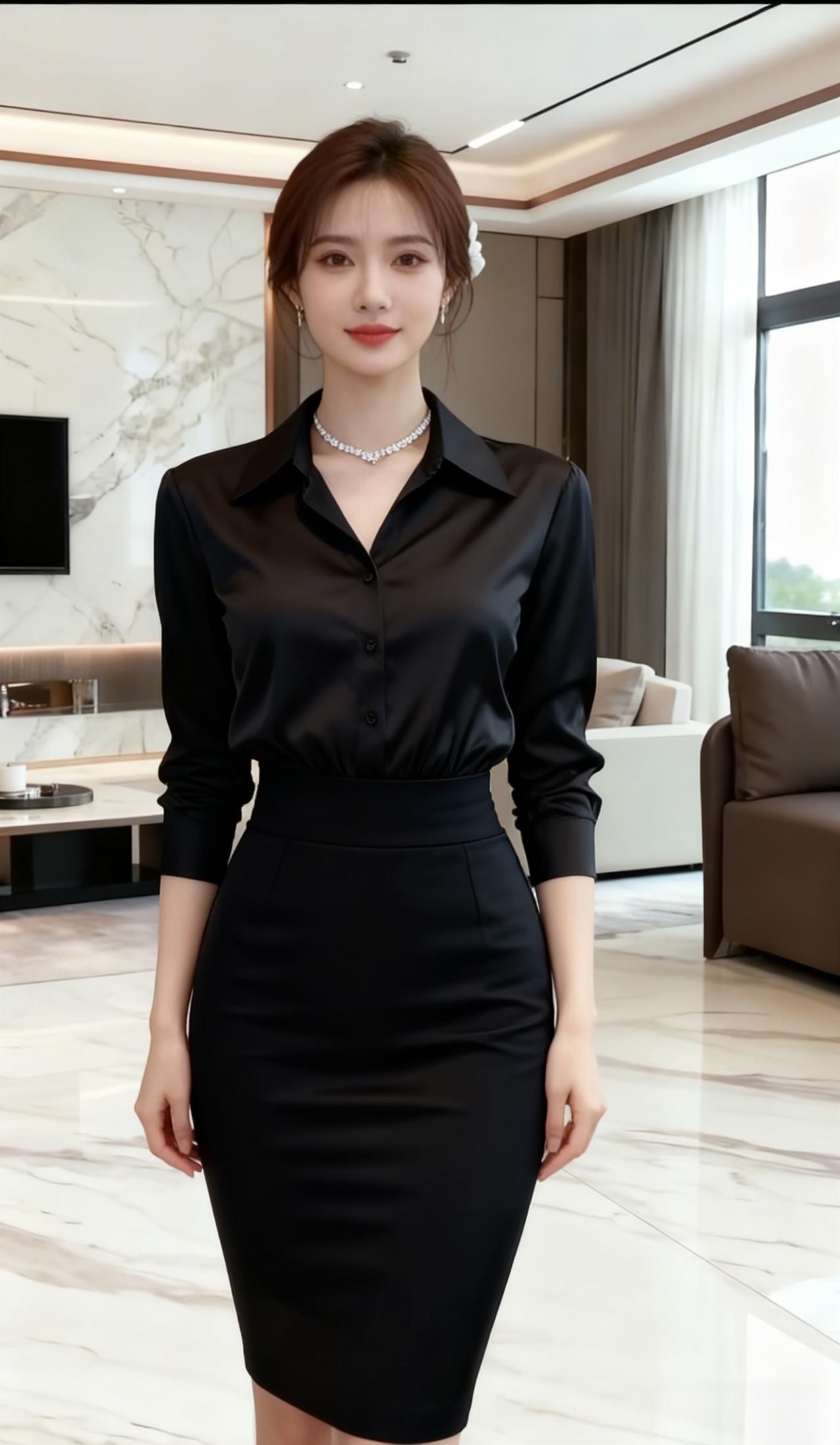 上班的穿搭，黑色妩媚，时尚。