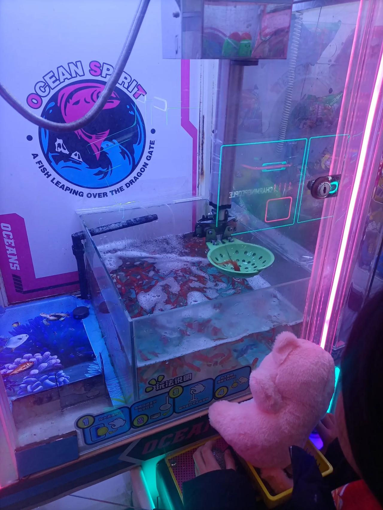 升级了，抓娃娃现在升级为抓小鱼。今天在万达看到一位小女孩在玩一台抓小鱼机，我看了