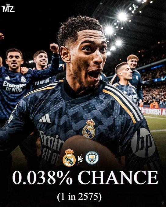 皇家马德里在7年内的欧冠联赛中与曼城交手6次的概率仅为0.038% 皇马  cr