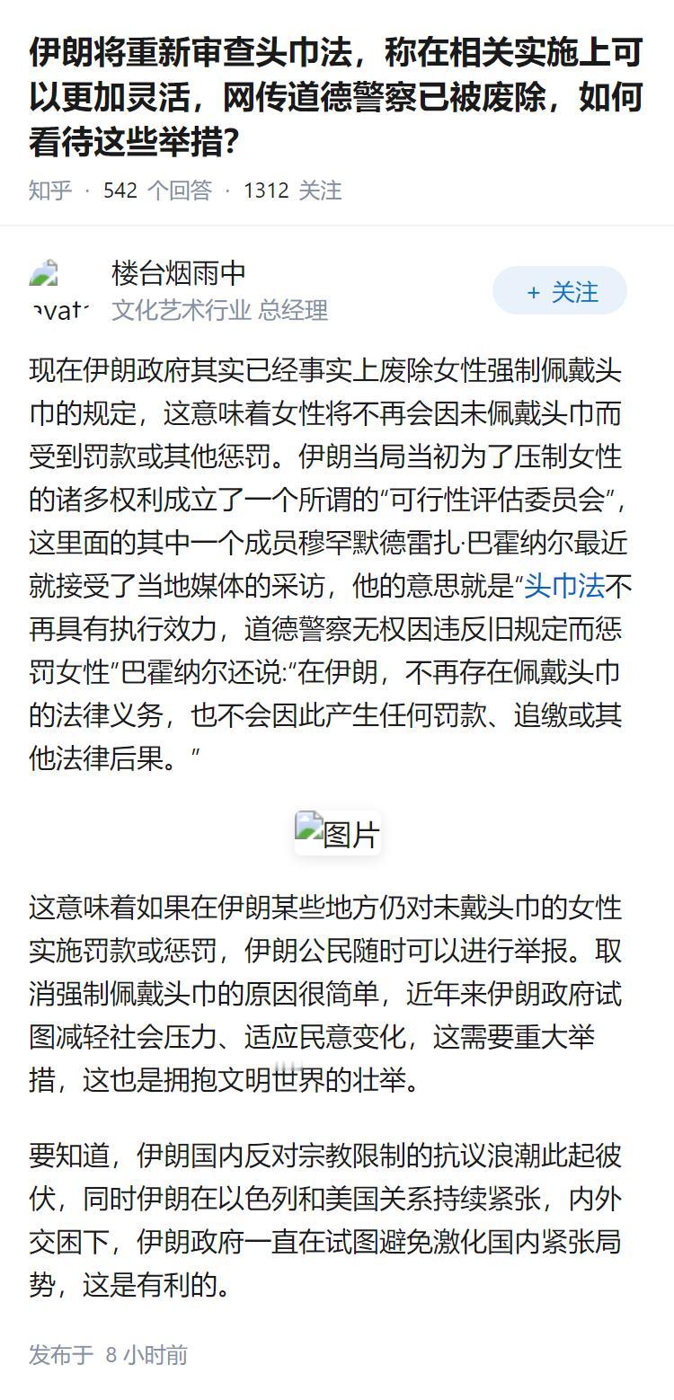 伊朗将重新审查头巾法，称在相关实施上可以更加灵活，网传道德警察已被废除，如何看待