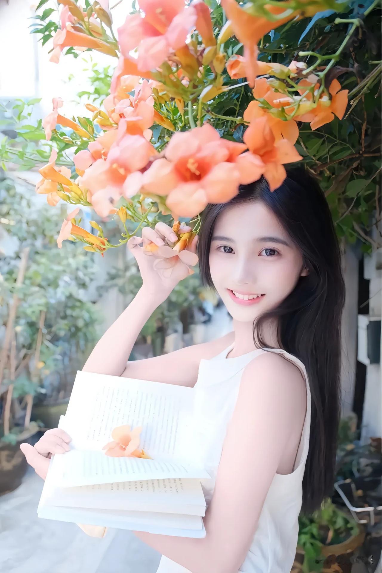 阳光下的少女与花海，清新自然，美不胜收！🌸📖